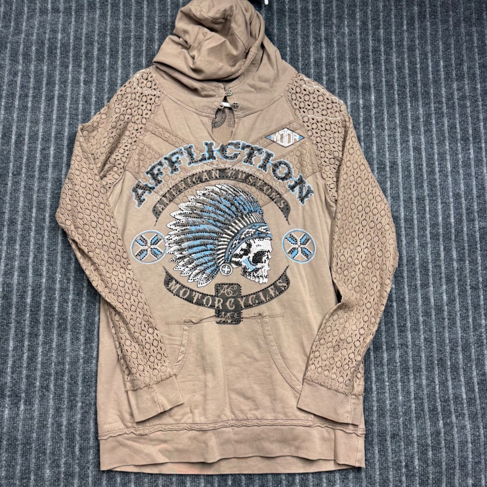 Affliction Hoodie Large Tan Excellent Rhinestone Skull Crochet Biker (2237)